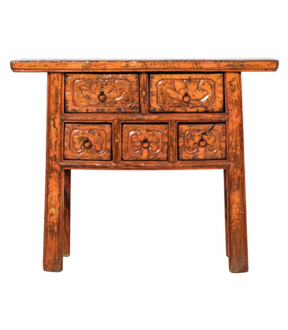 Consola antigua oriental con 5 cajones y acabado naranja satinado.
