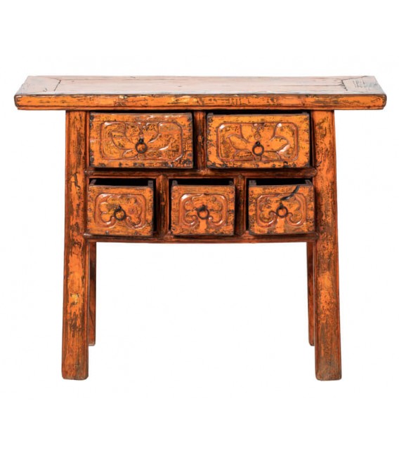 Consola antigua oriental con 5 cajones y acabado naranja satinado. 1