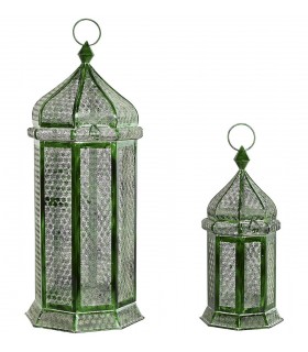 Set 2 faroles étnicos verdes en metal repujado con interior blanco. Mdmhogar