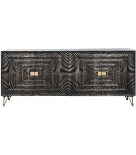 Aparador negro tallado estilo art decó con patas y tiradores dorados.