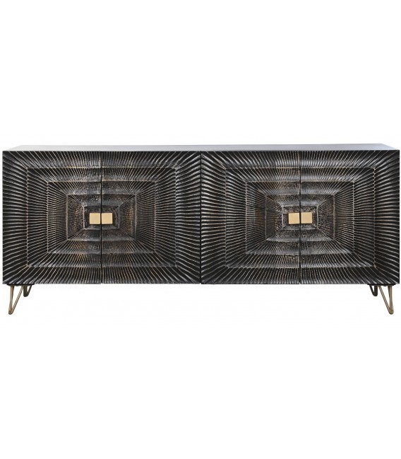 Aparador negro tallado estilo art decó con patas y tiradores dorados.