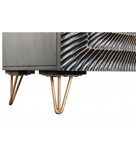 Aparador negro tallado estilo art decó con patas y tiradores dorados.4