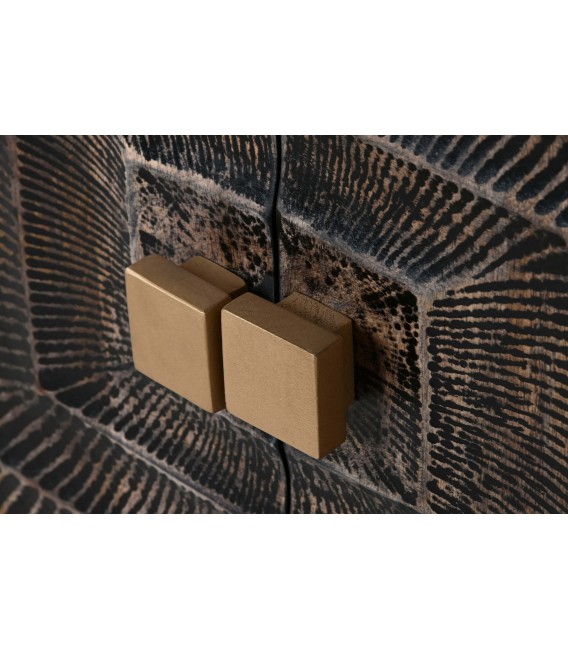 Aparador negro tallado estilo art decó con patas y tiradores dorados.5