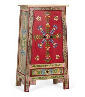 Armario bajo étnico en madera lacada roja con flores pintadas a mano. Mdmhogar