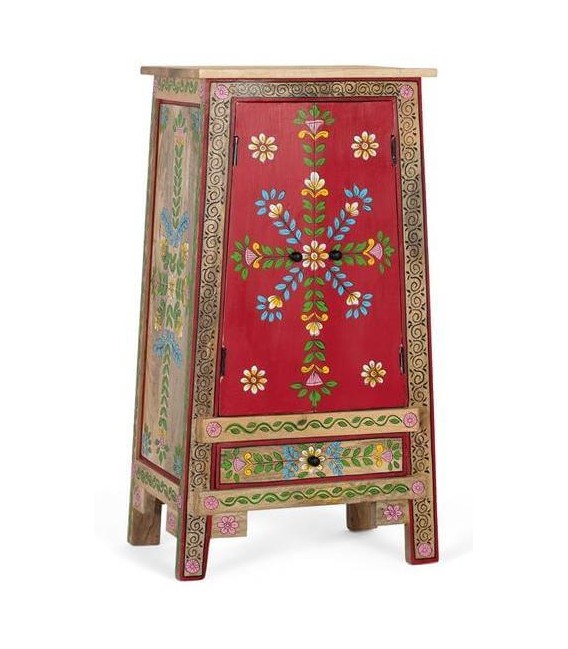 Armario bajo étnico en madera lacada roja con flores pintadas a mano. Mdmhogar
