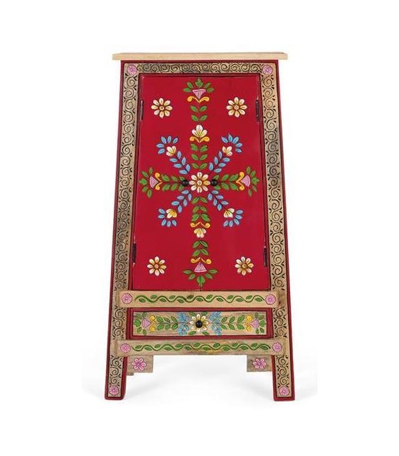 Armario bajo étnico en madera lacada roja con flores pintadas a mano.