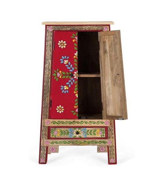 Armario bajo étnico en madera lacada roja con flores pintadas a mano.1