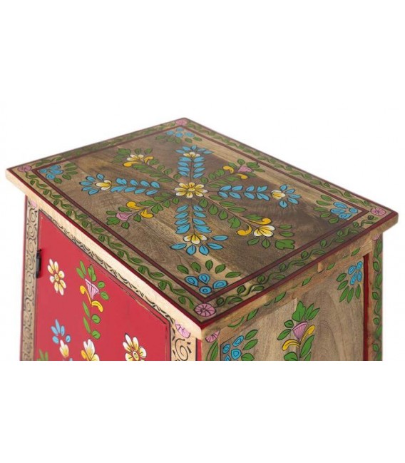 Armario bajo étnico en madera lacada roja con flores pintadas a mano.2