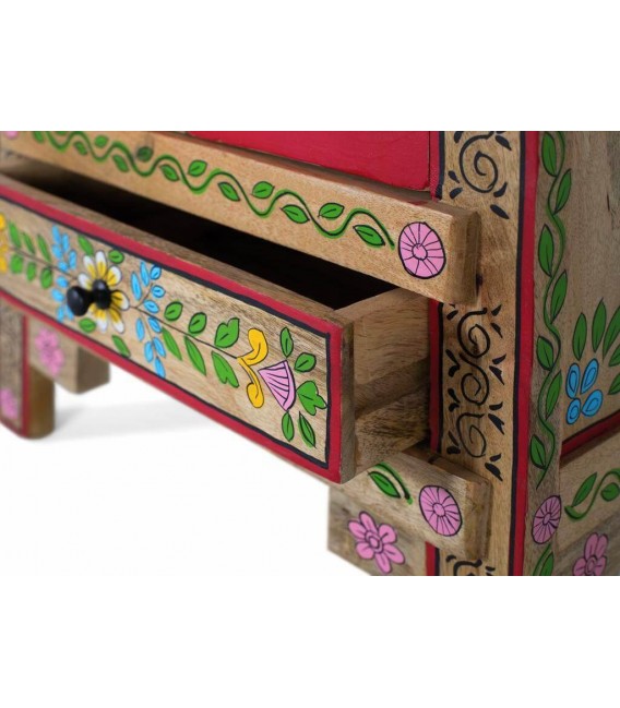 Armario bajo étnico en madera lacada roja con flores pintadas a mano.4