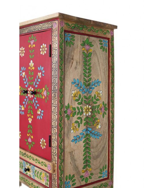 Armario bajo étnico en madera lacada roja con flores pintadas a mano.5