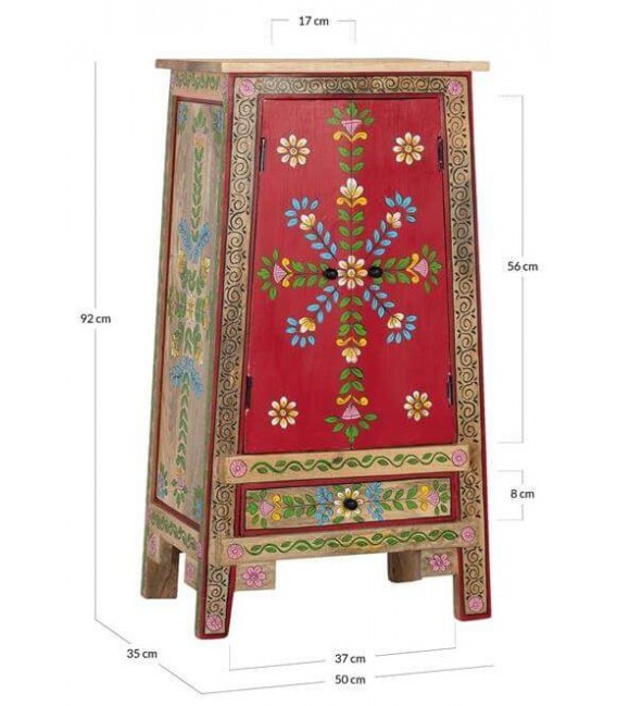 Armario bajo étnico en madera lacada roja con flores pintadas a mano.6