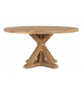 Mesa redonda XL en madera maciza de mango natural, estilo provenzal.