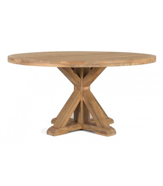 Mesa redonda XL en madera maciza de mango natural, estilo provenzal.