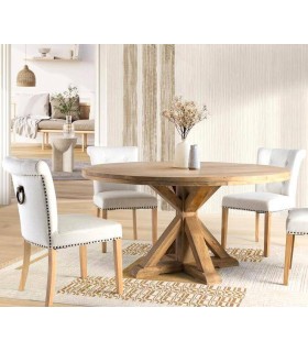 Mesa redonda XL en madera maciza de mango natural, estilo provenzal. Mdmhogar