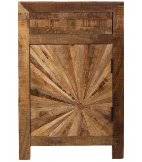 Mesita XL boho madera reciclada puerta taraceada en forma de sol.