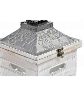 Set 2 faroles boho de madera blanca y metal repujado gris plata.