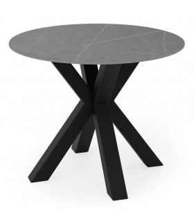 Mesa redonda gris base negra de metal y sobre porcelánico moderno. Mdmhogar