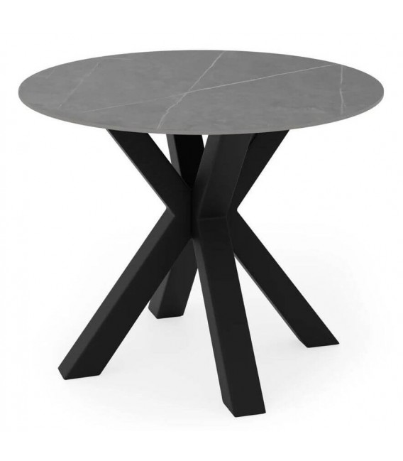 Mesa redonda gris base negra de metal y sobre porcelánico moderno. Mdmhogar