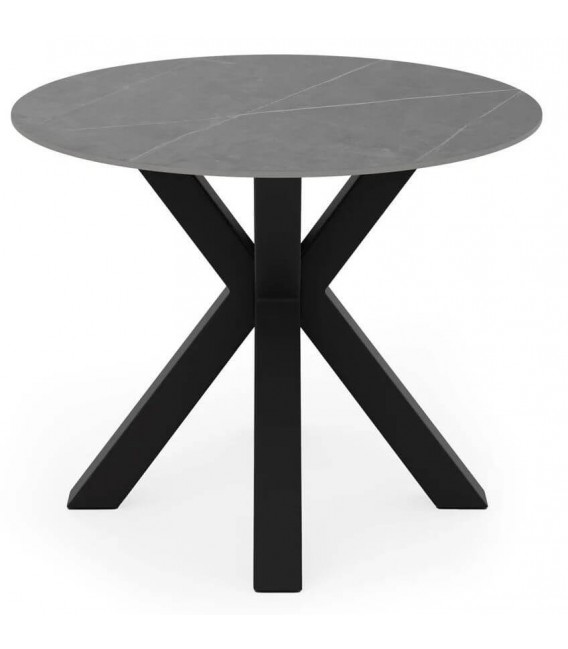 Mesa redonda gris base negra de metal y sobre porcelánico moderno. 1