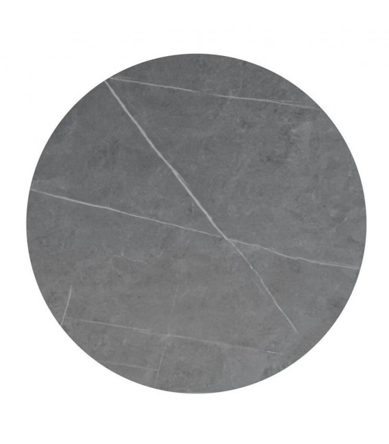 Mesa redonda gris base negra de metal y sobre porcelánico moderno.