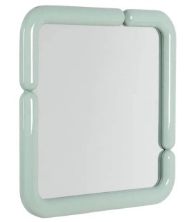 Espejo cuadrado con marco menta de líneas redondeadas y estilo pop.