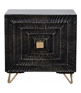 Mesita negra tallada con patas doradas y puerta de diseño art decó.