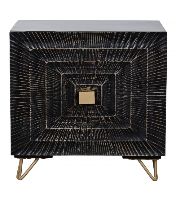 Mesita negra tallada con patas doradas y puerta de diseño art decó.