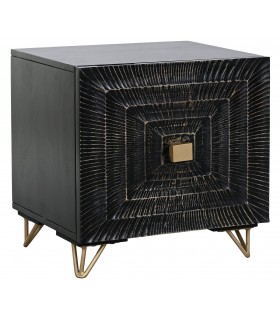 Mesita negra tallada con patas doradas y puerta de diseño art decó. Mdmhogar