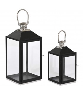 Set de 2 faroles decorativos de metal negro y cristal estilo clásico. Mdmhogar