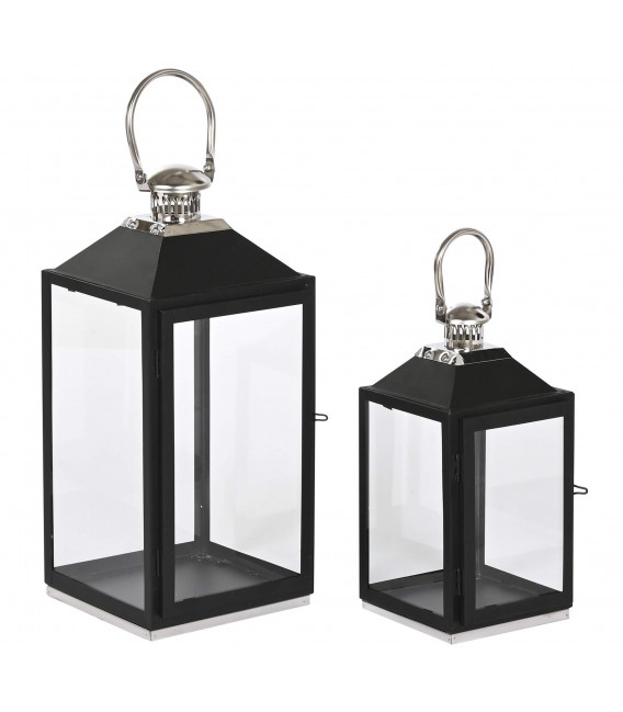 Set de 2 faroles decorativos de metal negro y cristal estilo clásico. Mdmhogar