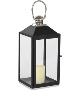 Set de 2 faroles decorativos de metal negro y cristal estilo clásico.