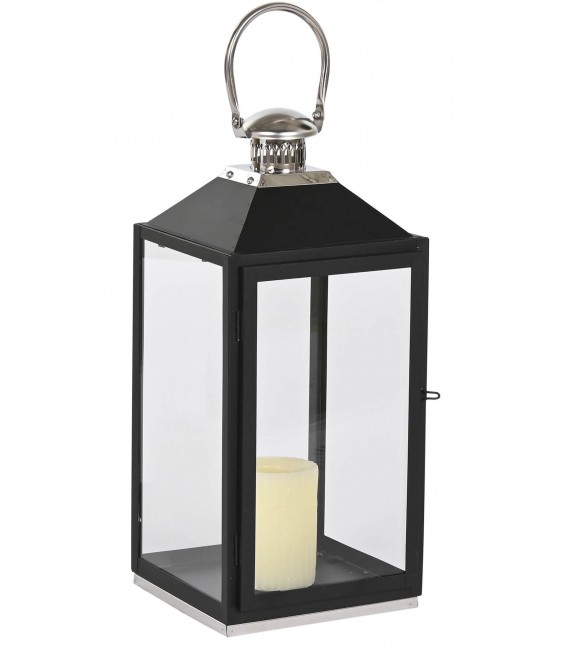 Set de 2 faroles decorativos de metal negro y cristal estilo clásico.