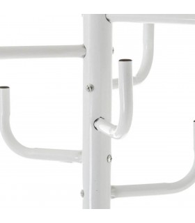 Perchero de pie metálico blanco y negro, vintage, funcional, elegante.