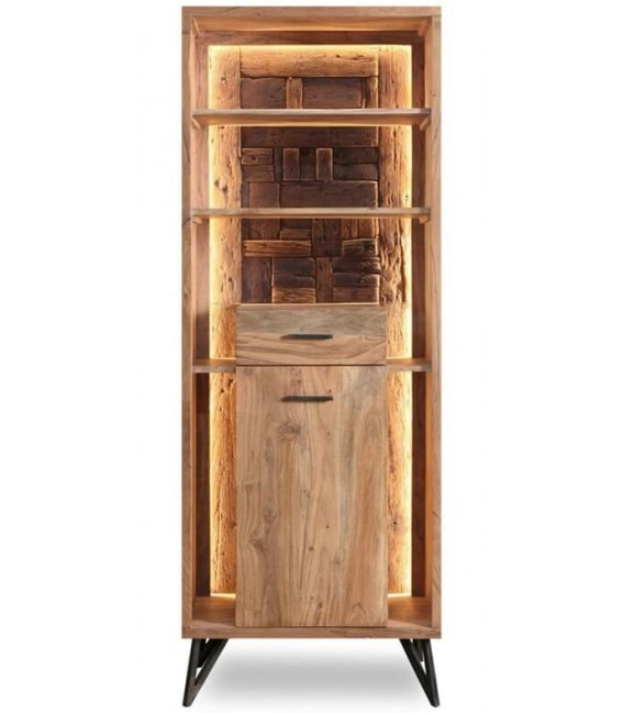 Estantería boho con LED, cajón, puerta y trasera en madera reciclada.