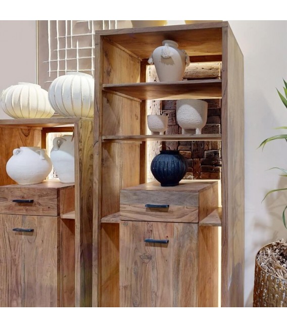 Estantería boho con LED, cajón, puerta y trasera en madera reciclada. 1