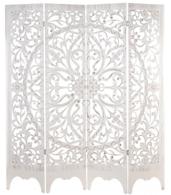 Biombo de 4 hojas madera DM tallada a mano y acabado blanco rozado. Mdmhogar