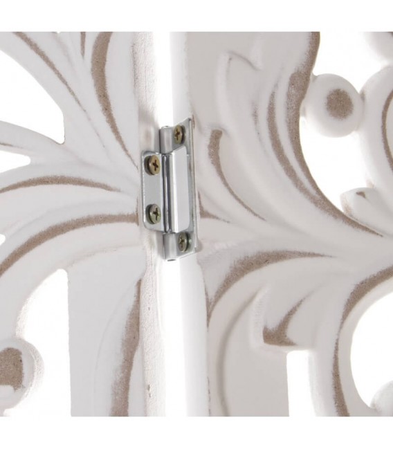 Biombo de 4 hojas madera DM tallada a mano y acabado blanco rozado.