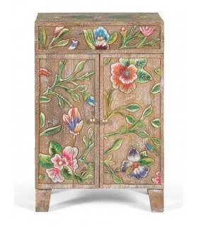 Mesita étnica mango natural tallado y pintado a mano cajón y puertas. 1