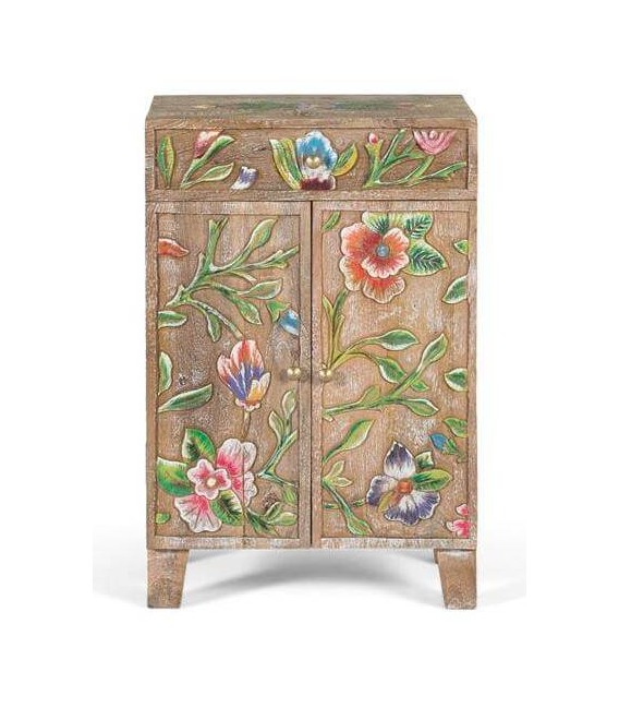 Mesita étnica mango natural tallado y pintado a mano cajón y puertas. 1