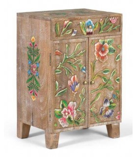 Mesita étnica mango natural tallado y pintado a mano cajón y puertas. Mdmhogar