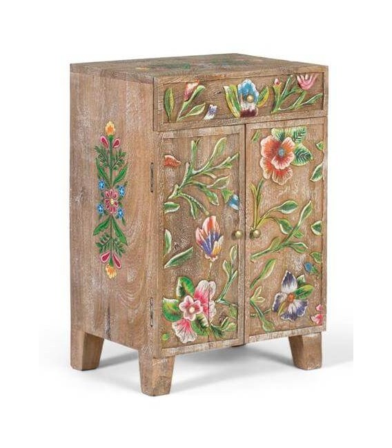 Mesita étnica mango natural tallado y pintado a mano cajón y puertas. Mdmhogar
