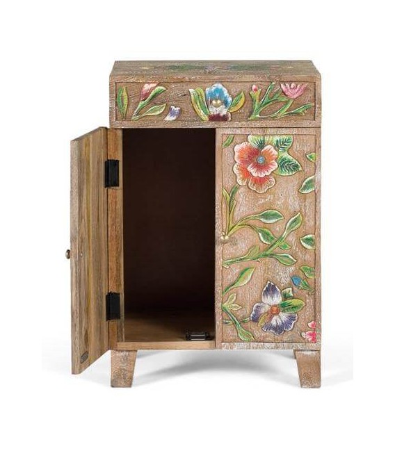 Mesita étnica mango natural tallado y pintado a mano cajón y puertas. 2