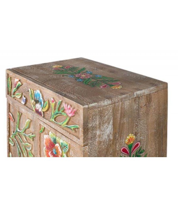 Mesita étnica mango natural tallado y pintado a mano cajón y puertas. 3
