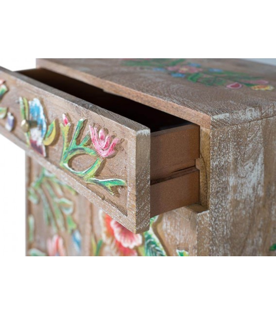 Mesita étnica mango natural tallado y pintado a mano cajón y puertas. 4