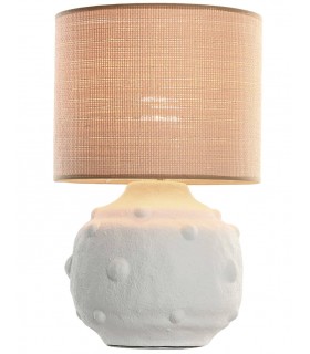 Lámpara ibicenca de sobremesa en cerámica blanca y fibra natural.