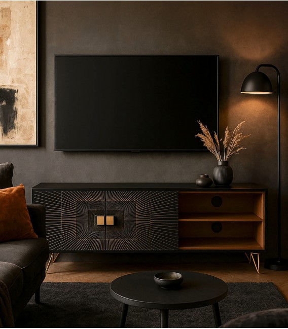 Mueble de TV en madera tallada negra y metal dorado, estilo art decó. Mdmhogar
