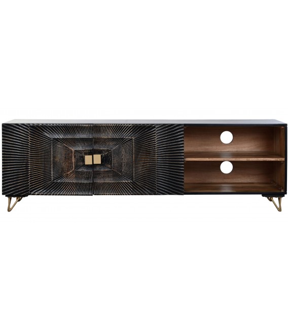 Mueble de TV en madera tallada negra y metal dorado, estilo art decó. 2