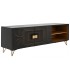 Mueble de TV en madera tallada negra y metal dorado, estilo art decó.
