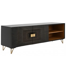 Mueble de TV en madera tallada negra y metal dorado, estilo art decó.