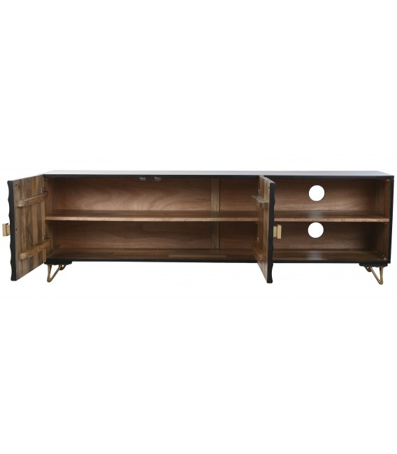 Mueble de TV en madera tallada negra y metal dorado, estilo art decó. 3